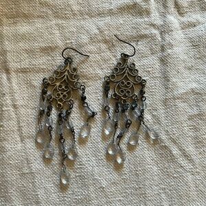 Beautiful light blue chandelier earrings with beads & beautiful flourish design
